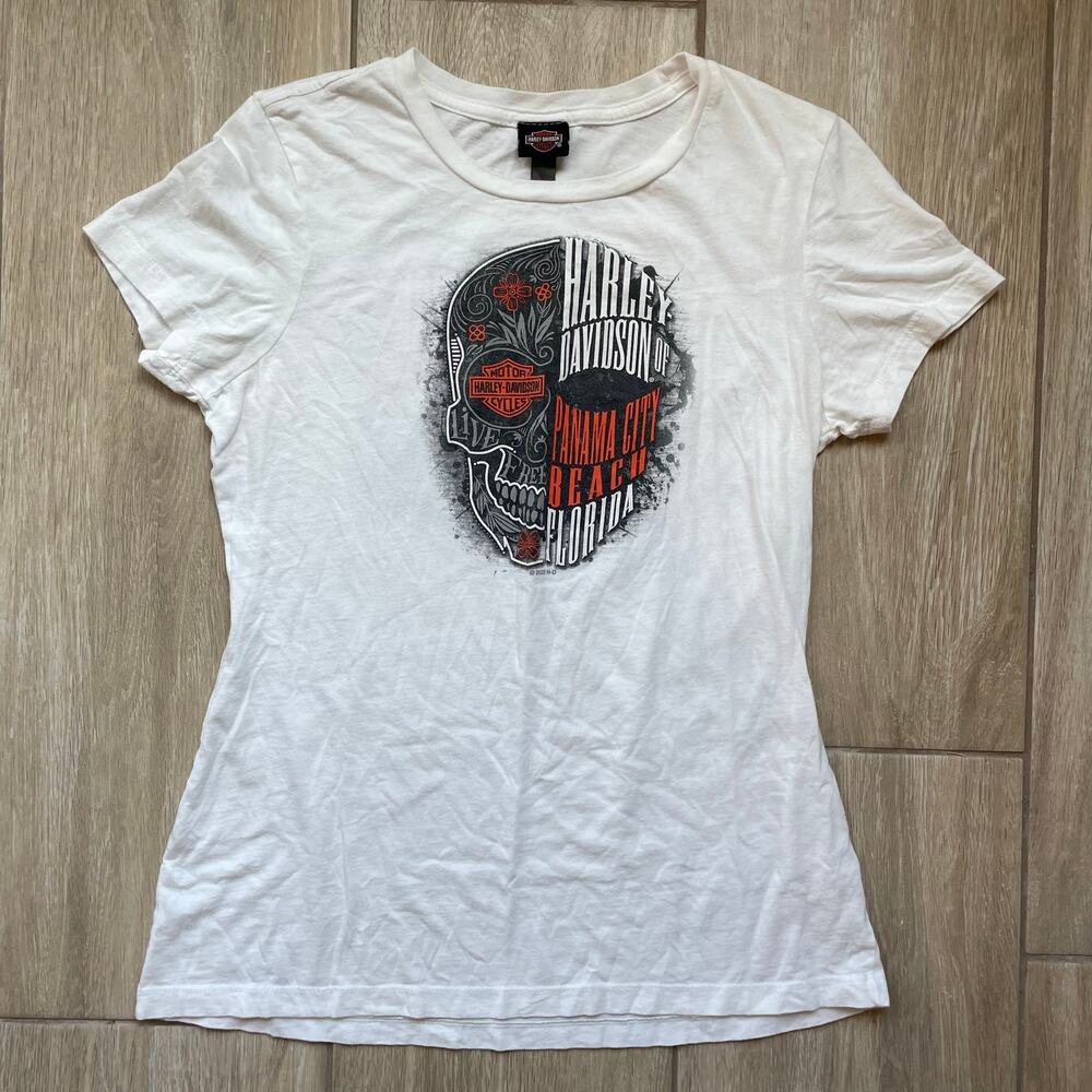 Harley Davidson Womens Sugar Skull Shirt M Panama City Beach Florida Graphic Tee